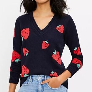 Ann Taylor LOFT Strawberry V-Neck Sweater Navy Blue Size Medium